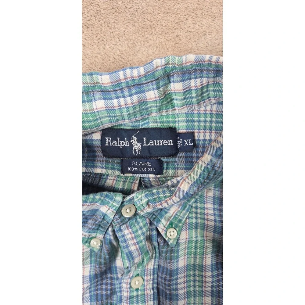 Vintage Polo Ralph Lauren Blaire Shirt Mens  XL Blue Green Plaid Pleated L/S EUC